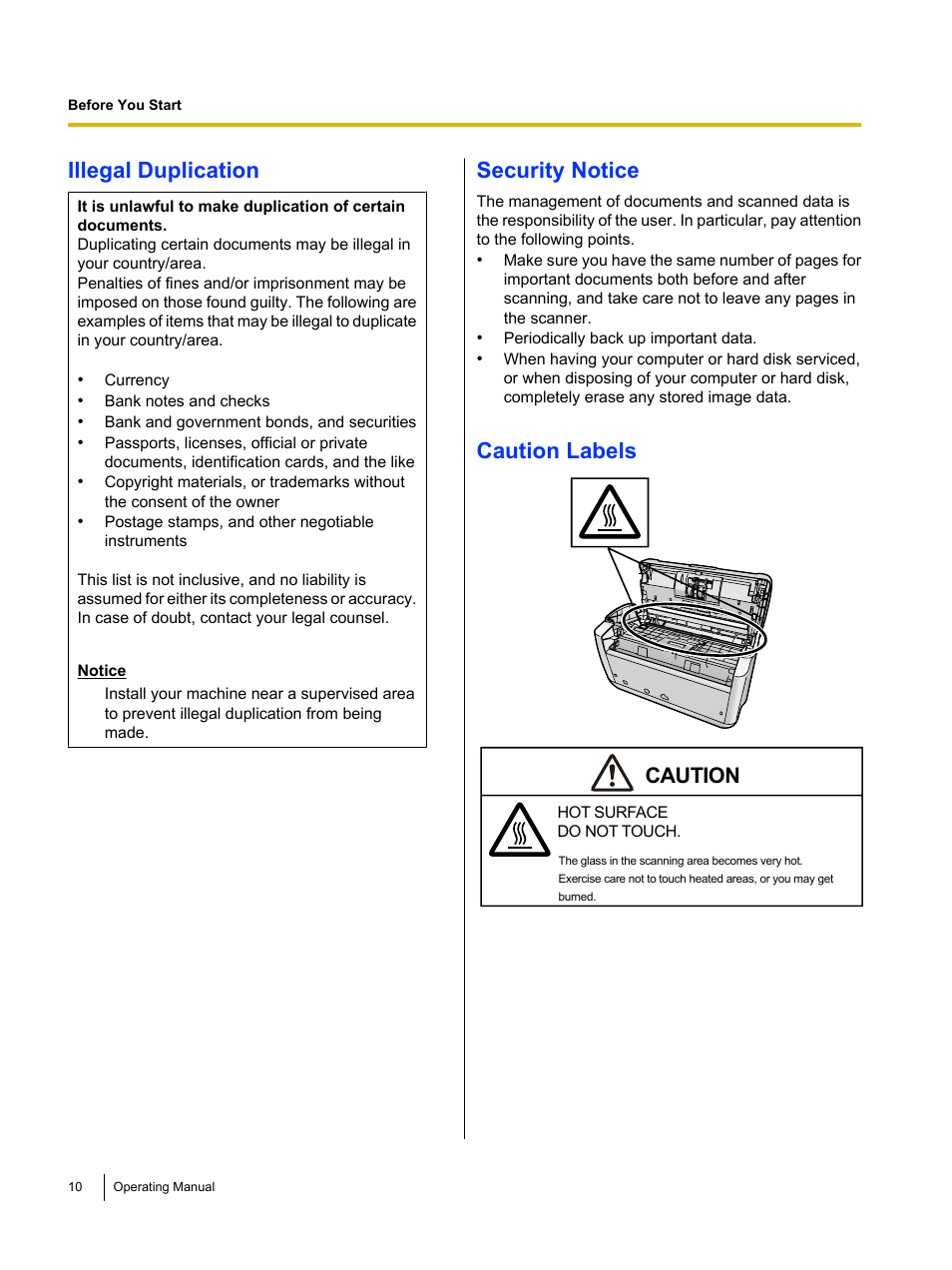 Illegal duplication, Security notice, Caution labels | Caution | Panasonic KV-S1045C User Manual | Page 10 / 51