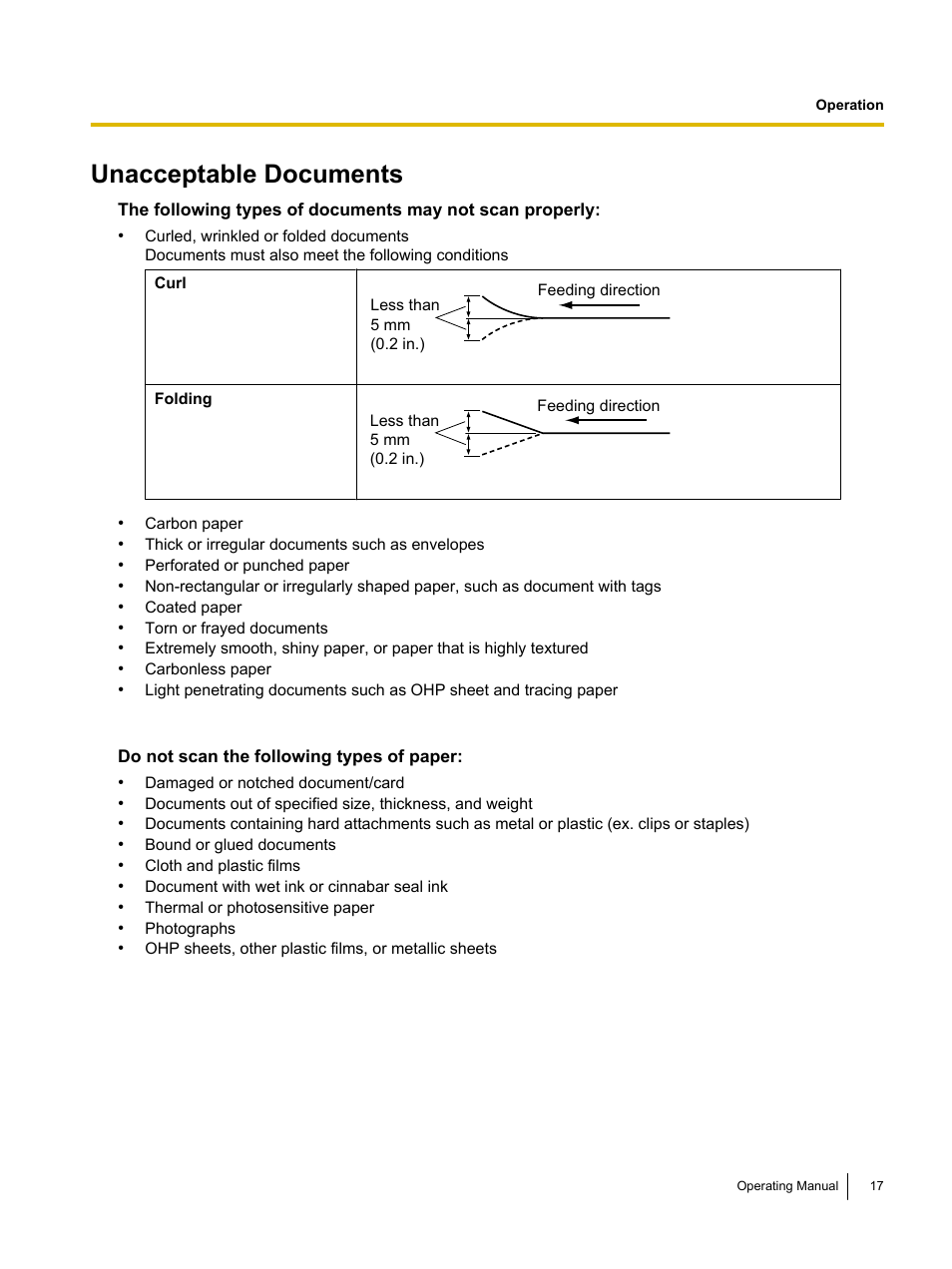 Unacceptable documents | Panasonic KV-S1045C User Manual | Page 17 / 51