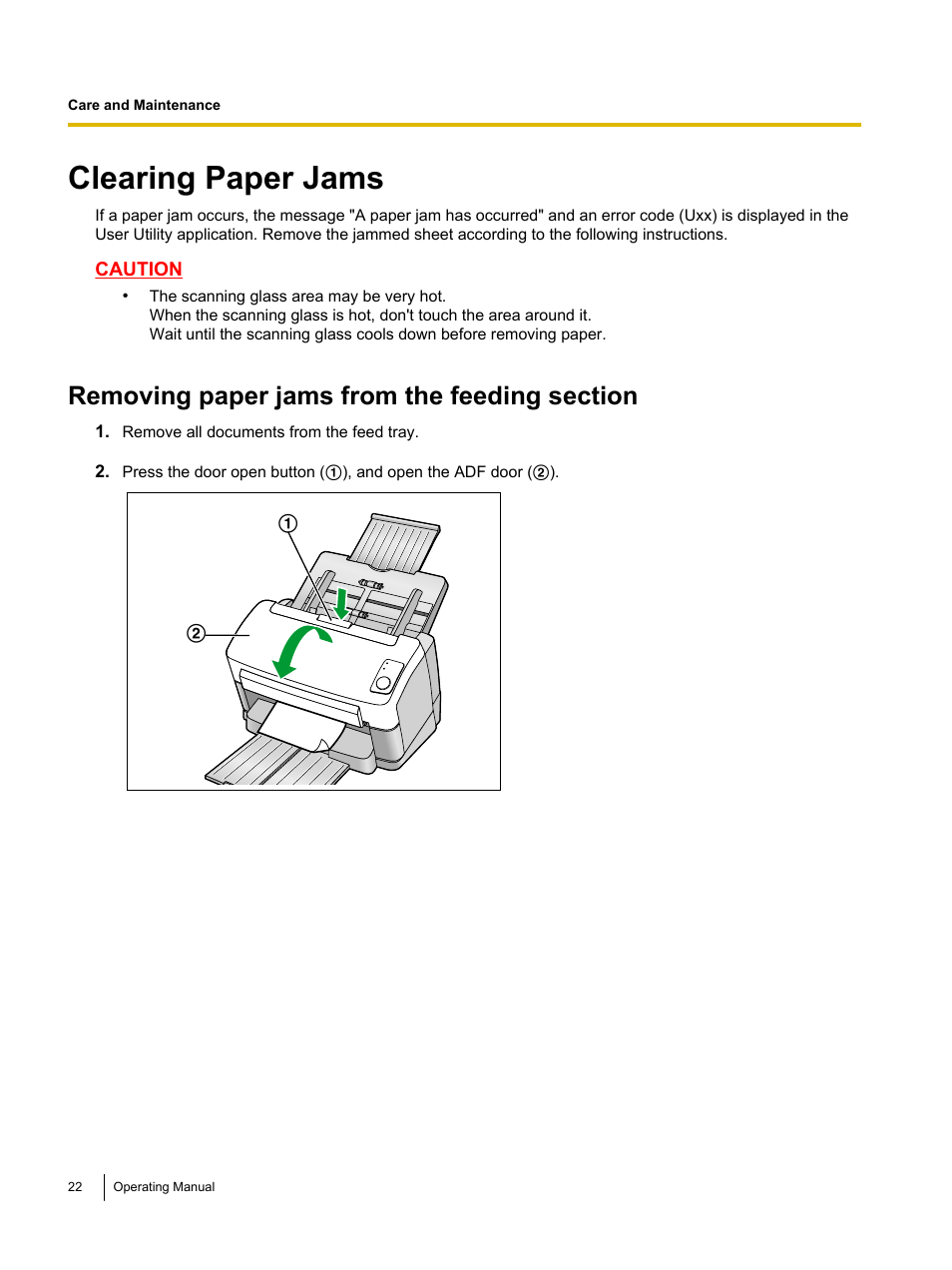 Care and maintenance, Clearing paper jams, Removing paper jams from the feeding section | Panasonic KV-S1045C User Manual | Page 22 / 51