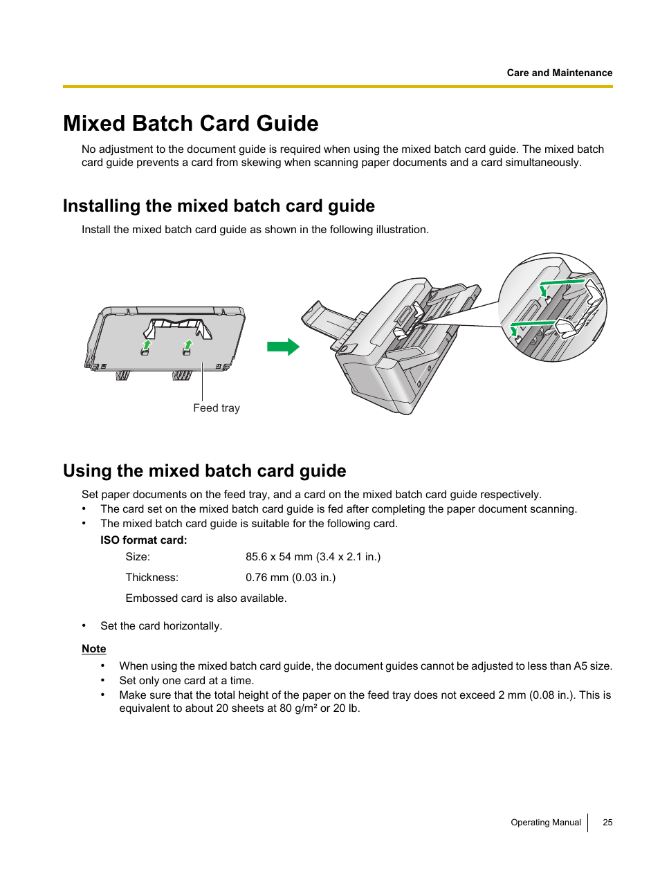 Mixed batch card guide, Installing the mixed batch card guide, Using the mixed batch card guide | Panasonic KV-S1045C User Manual | Page 25 / 51