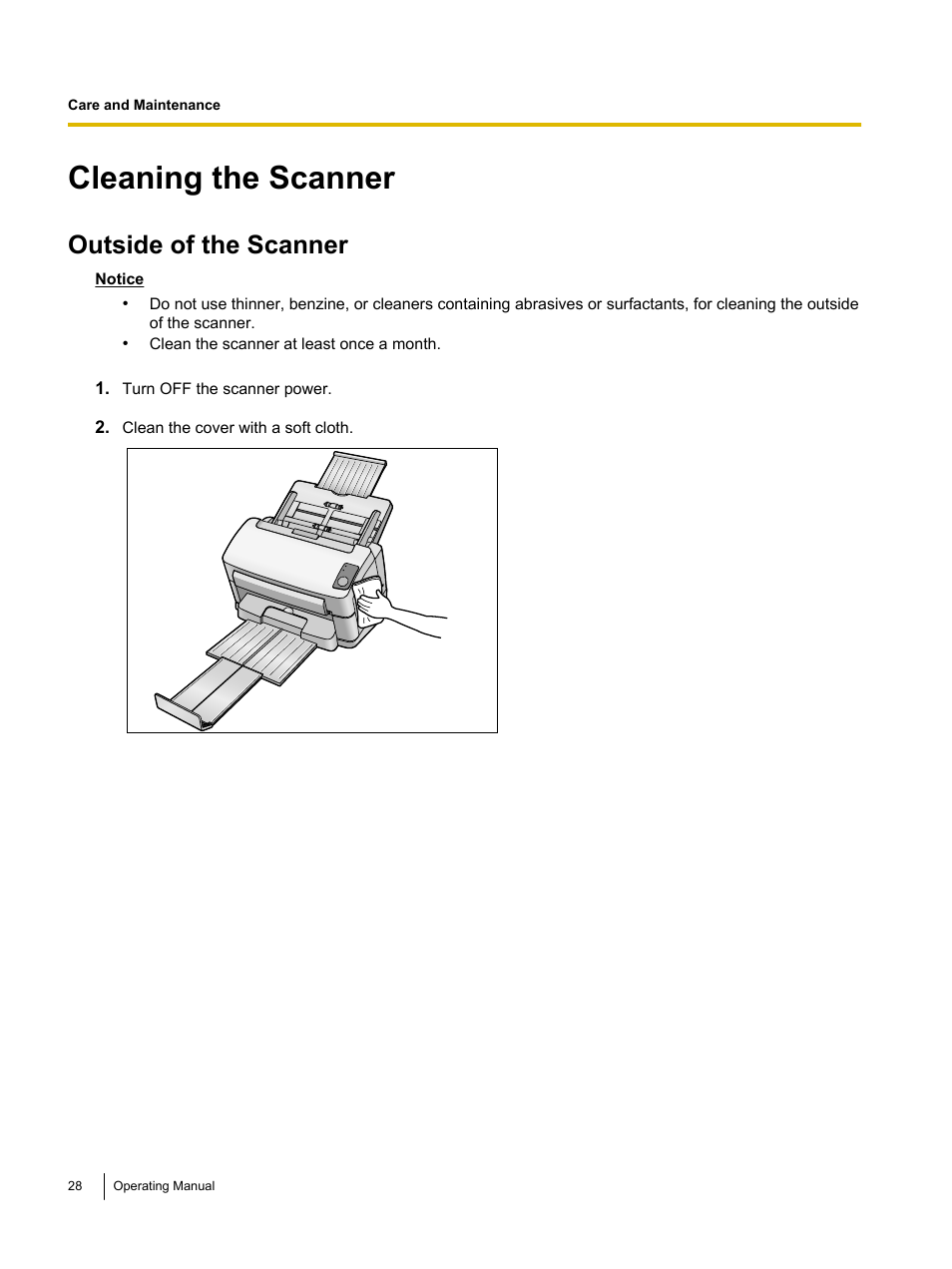 Cleaning the scanner, Outside of the scanner | Panasonic KV-S1045C User Manual | Page 28 / 51