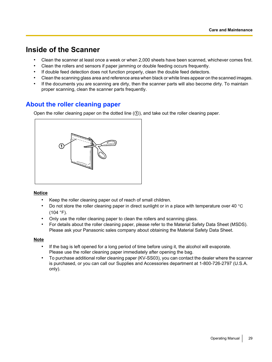 Inside of the scanner, About the roller cleaning paper | Panasonic KV-S1045C User Manual | Page 29 / 51