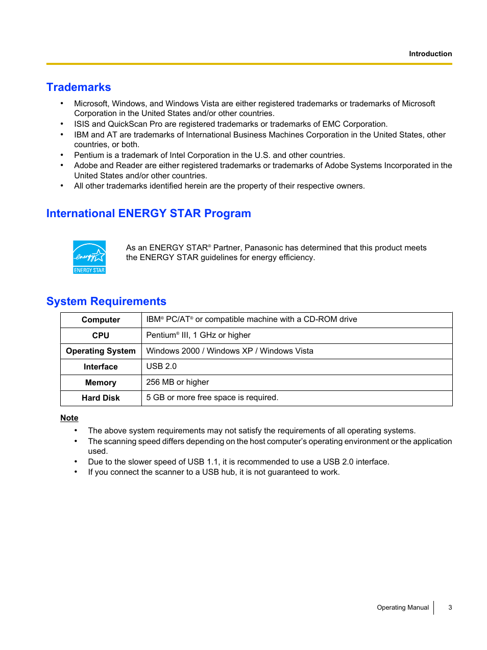 Trademarks, International energy star program, System requirements | Panasonic KV-S1045C User Manual | Page 3 / 51