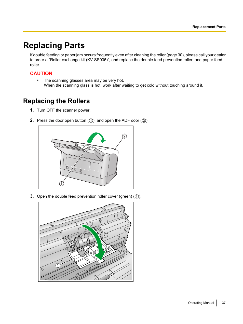 Replacing parts, Replacing the rollers | Panasonic KV-S1045C User Manual | Page 37 / 51