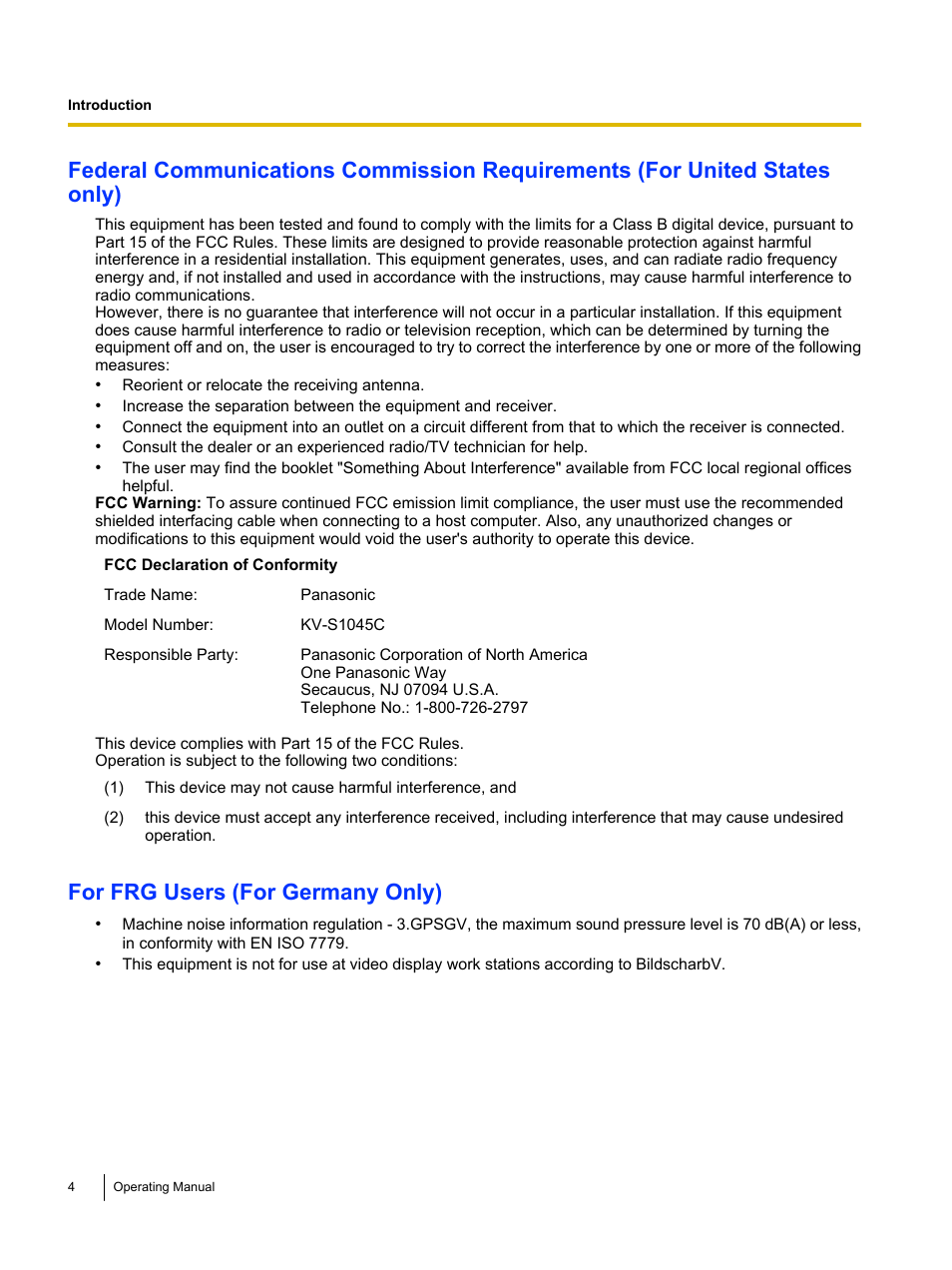 For frg users (for germany only) | Panasonic KV-S1045C User Manual | Page 4 / 51