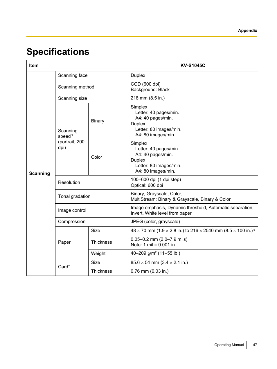 Specifications | Panasonic KV-S1045C User Manual | Page 47 / 51