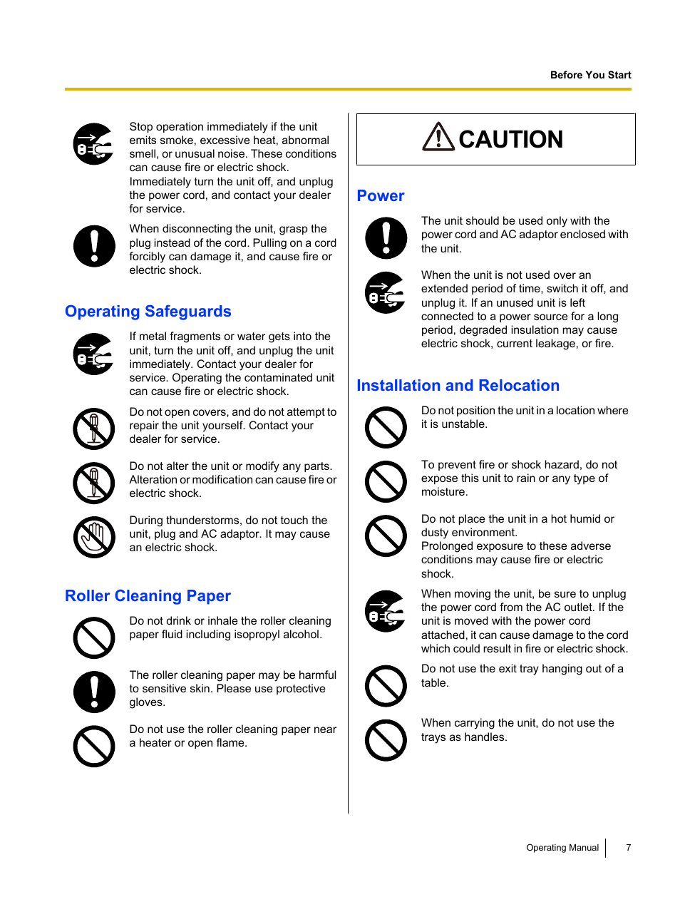 Caution, Operating safeguards, Roller cleaning paper | Power, Installation and relocation | Panasonic KV-S1045C User Manual | Page 7 / 51