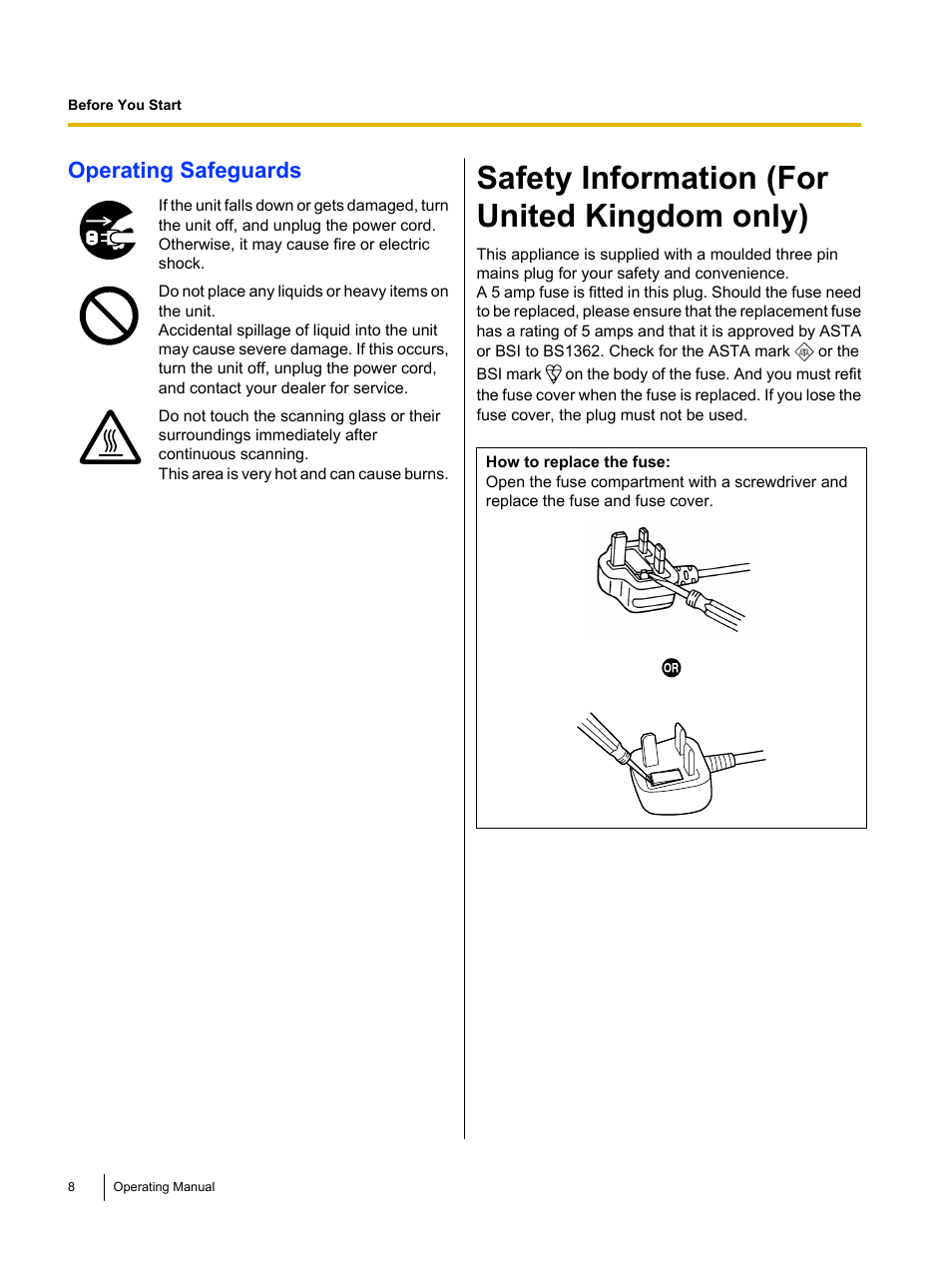 Safety information (for united kingdom only), Operating safeguards | Panasonic KV-S1045C User Manual | Page 8 / 51
