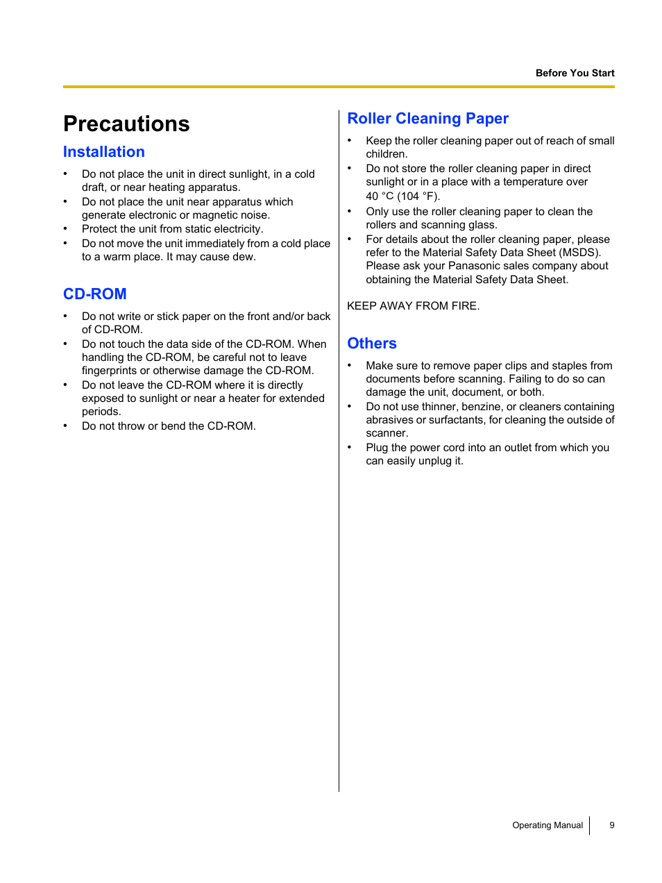 Precautions, Installation, Cd-rom | Roller cleaning paper, Others | Panasonic KV-S1045C User Manual | Page 9 / 51