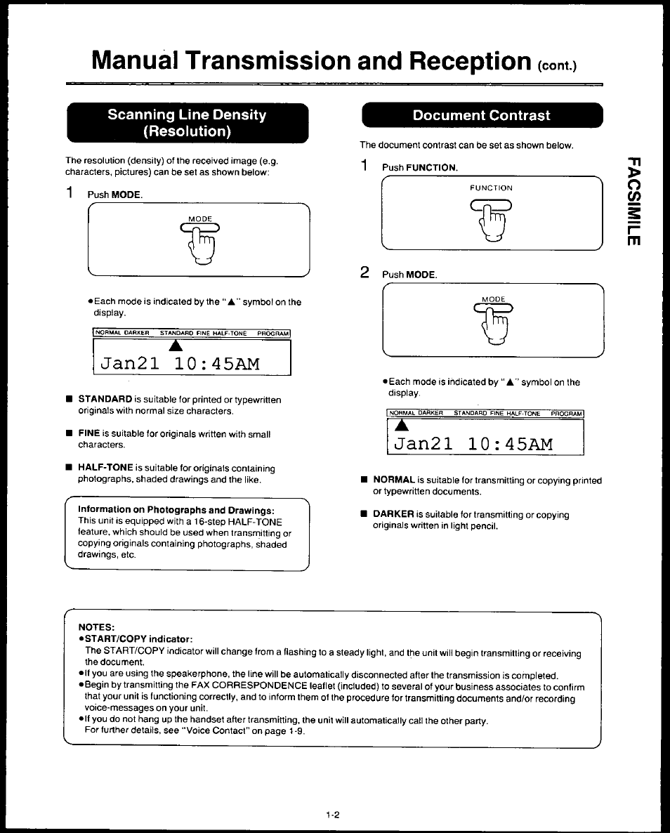 Scanning line density (resolution), Push mode, Jan21 10:45am | Information on photographs and drawings, Document contrast, Notes, Manual transmission and reception (cont.) | Panasonic AUTO-LOGIC KX-F3500 User Manual | Page 11 / 54