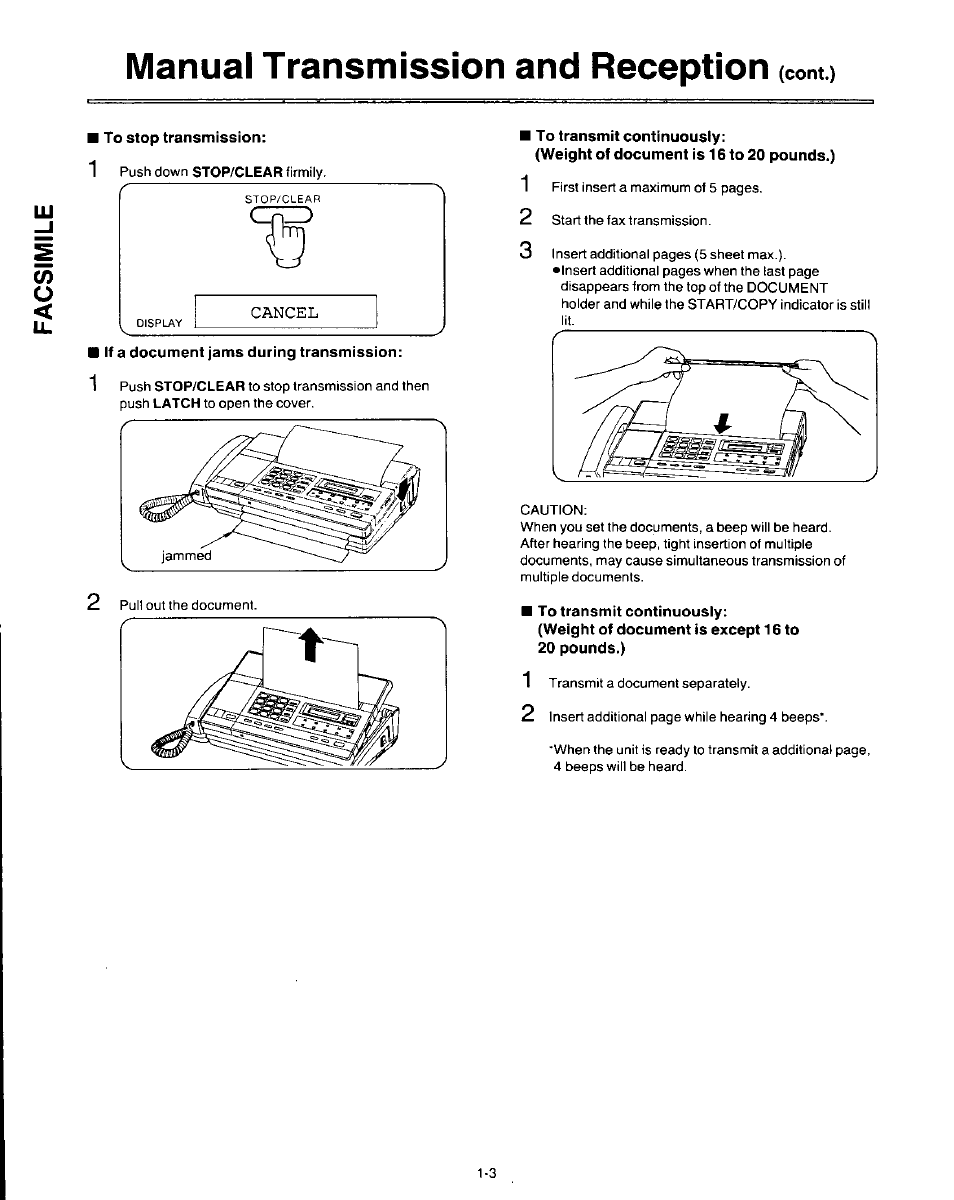 To stop transmission, If a document jams during transmission, To transmit continuously | Weight of document is 16 to 20 pounds.), Weight of document is except 16 to 20 pounds.), Manual transmission and reception, Cont.) lu | Panasonic AUTO-LOGIC KX-F3500 User Manual | Page 12 / 54