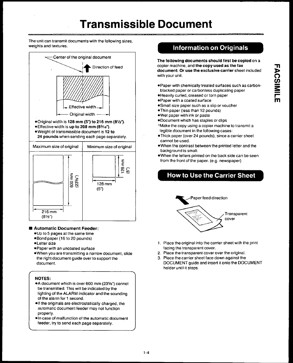 Transmissible document, Automatic document feeder, Transmissible document -4 | Panasonic AUTO-LOGIC KX-F3500 User Manual | Page 13 / 54