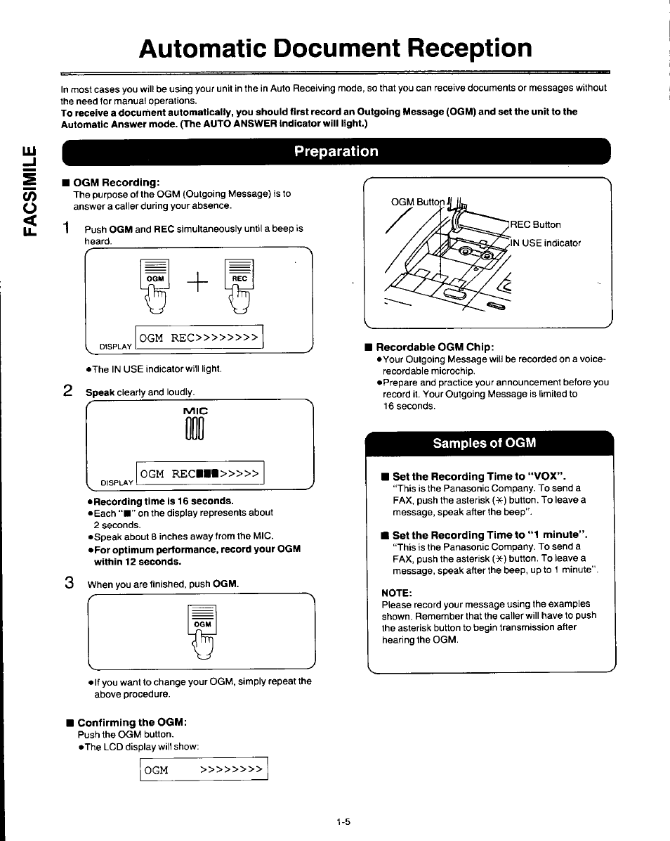 Automatic document reception, Preparation, Ogm recording | Recording time is 16 seconds, Confirming the ogm, Recordable ogm chip, Set the recording time to “vox, Set the recording time to “1 minute, Note, Automatic document reception -5 | Panasonic AUTO-LOGIC KX-F3500 User Manual | Page 14 / 54