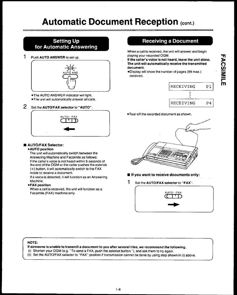 Automatic document reception, Setting up, For automatic answering | Auto/fax selector, Receiving a document, Note, Setting up for automatic answering -6, Receiving a document -6 | Panasonic AUTO-LOGIC KX-F3500 User Manual | Page 15 / 54