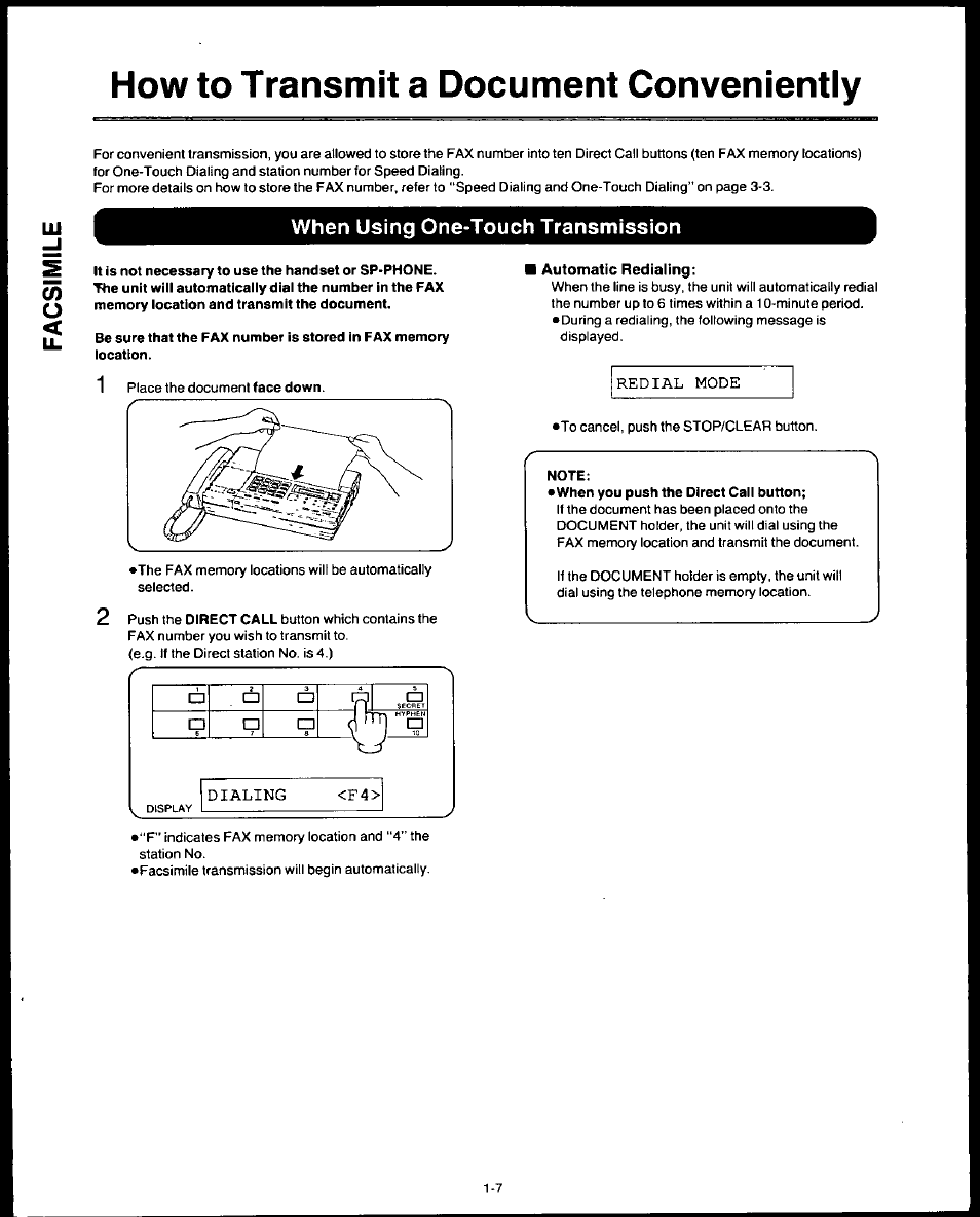 When using one-touch transmission, Automatic redialing, Note | When you push the direct call button, When using one-touch transmission -7, How to transmit a document conveniently | Panasonic AUTO-LOGIC KX-F3500 User Manual | Page 16 / 54