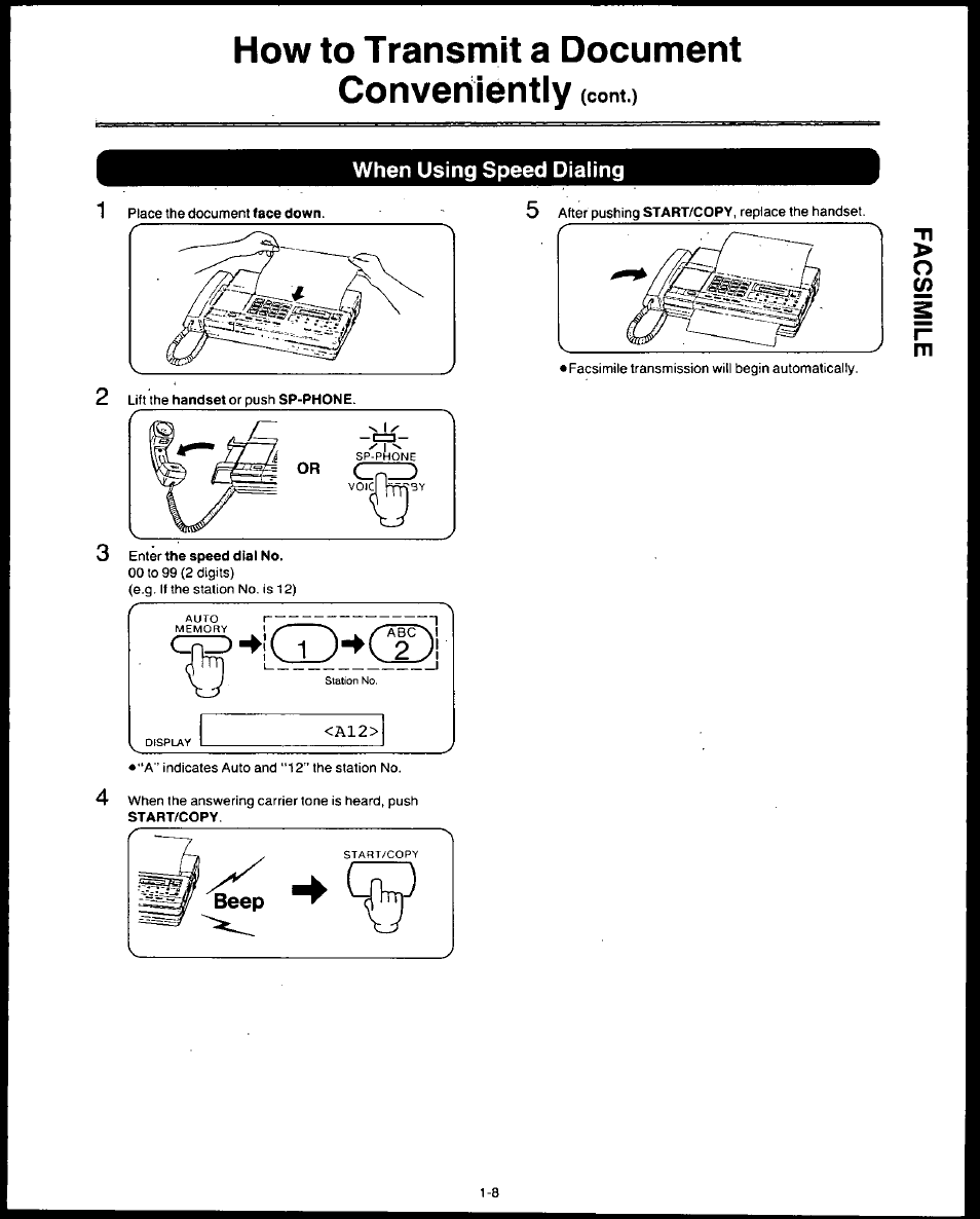 When using speed dialing, When using speed dialing -8, How to transmit a document conveniently (cont.) | Panasonic AUTO-LOGIC KX-F3500 User Manual | Page 17 / 54