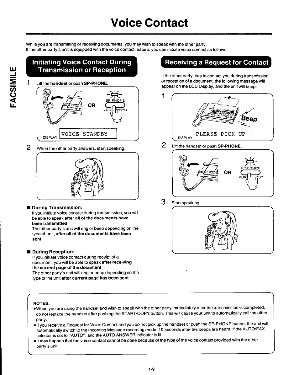 Voice contact, Receiving a request for contact, During transmission | During reception, Voice contact -9 | Panasonic AUTO-LOGIC KX-F3500 User Manual | Page 18 / 54