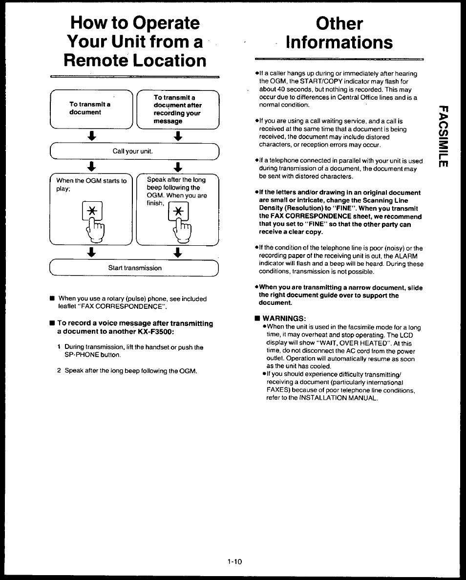 How to operate your unit from a remote location, Other, Informations | Warnings, How to operate your unit from a remote, Location -10, Jother informations | Panasonic AUTO-LOGIC KX-F3500 User Manual | Page 19 / 54