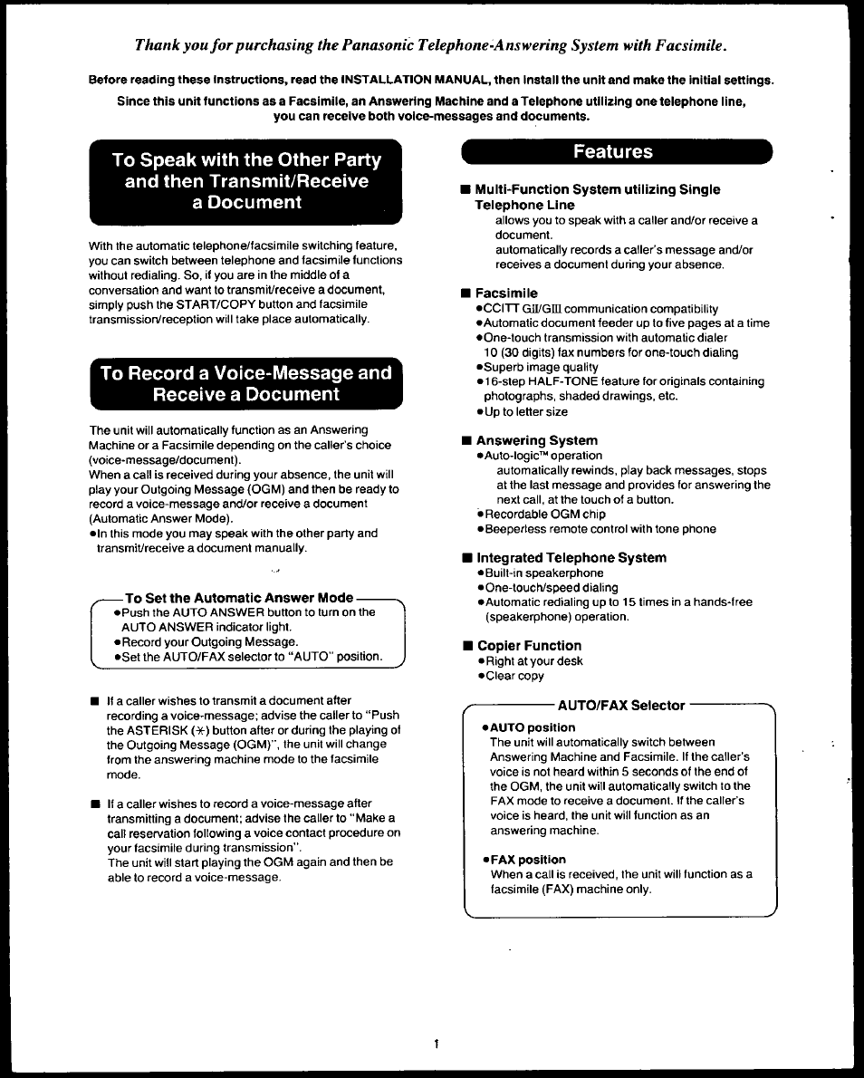 To record a voice-message and receive a document, To set the automatic answer mode, Features | Facsimile, I answering system, I integrated telephone system, Auto/fax selector, Fax position | Panasonic AUTO-LOGIC KX-F3500 User Manual | Page 2 / 54