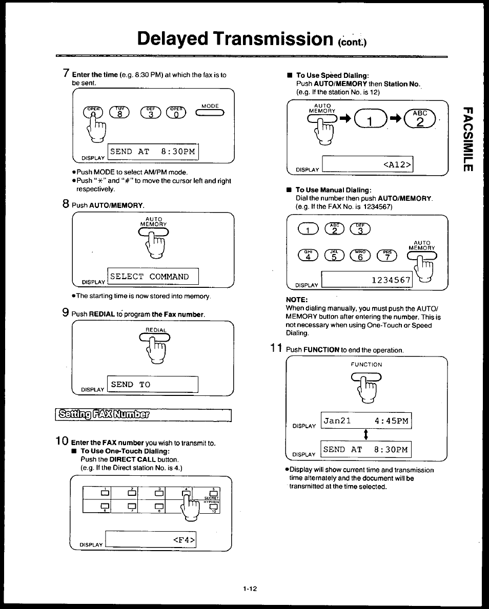 To use speed dialing, To use manual dialing, Note | Delayed transmission, Cont) | Panasonic AUTO-LOGIC KX-F3500 User Manual | Page 21 / 54