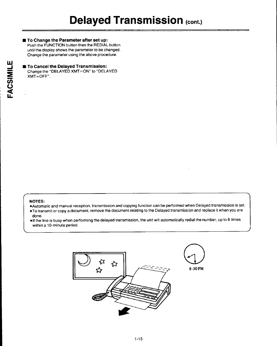 To change the parameter after set up, To cancel the delayed transmission, Delayed transmission | Cont.) | Panasonic AUTO-LOGIC KX-F3500 User Manual | Page 22 / 54