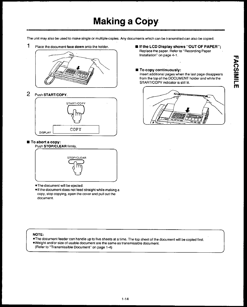 Making a copy, If the lcd display shows "out of paper, To copy continuously | Making a copy -14 | Panasonic AUTO-LOGIC KX-F3500 User Manual | Page 23 / 54