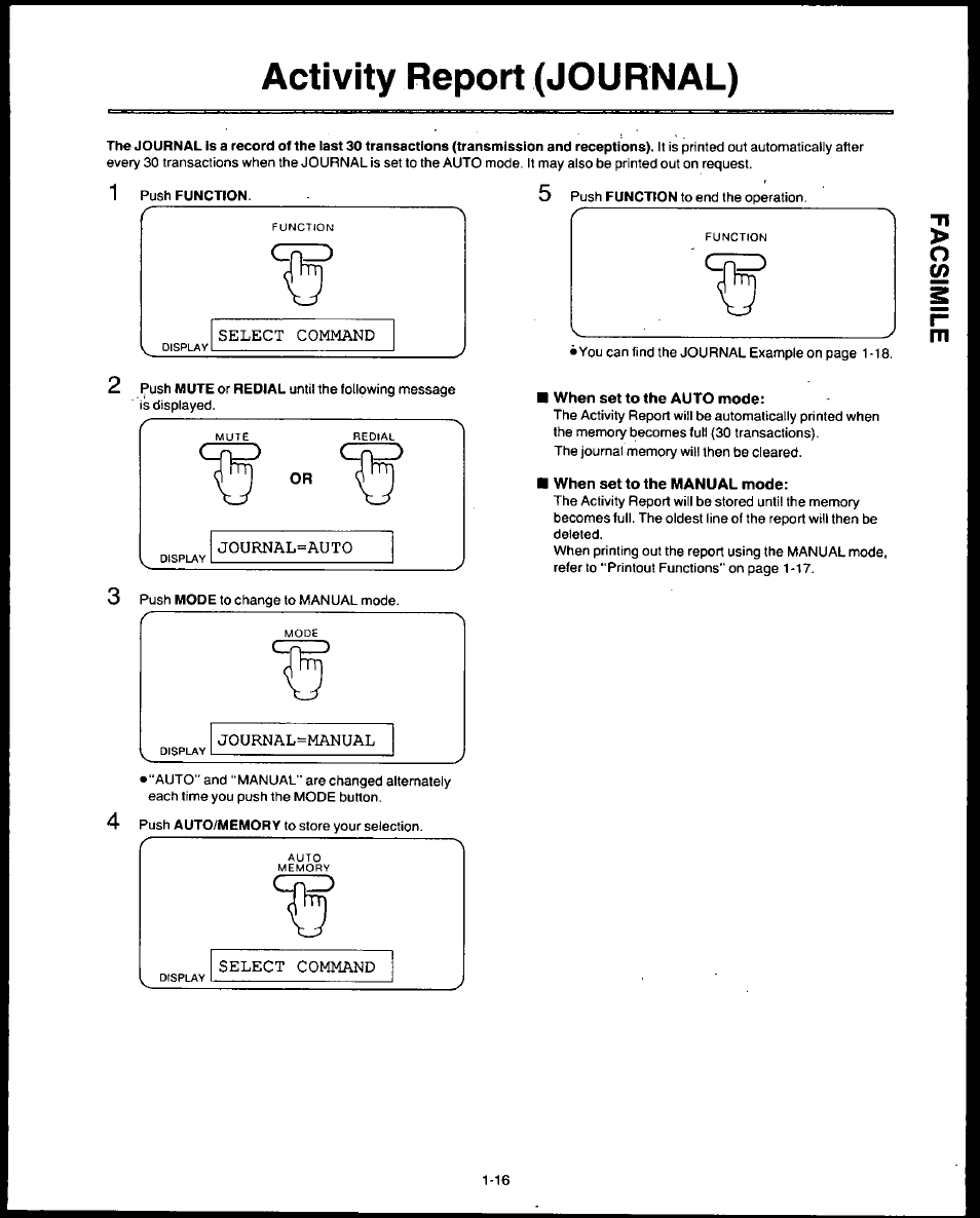 Activity report (journal), When set to the auto mode, When set to the manual mode | Activity report (journal) -16 | Panasonic AUTO-LOGIC KX-F3500 User Manual | Page 25 / 54