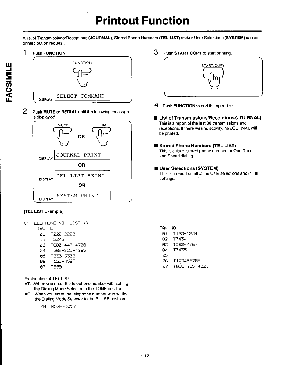 Printout function, List of transmissions/receptions (journal), Stored phone numbers (tel list) | User selections (system), Tel list example, Printout function -17 | Panasonic AUTO-LOGIC KX-F3500 User Manual | Page 26 / 54