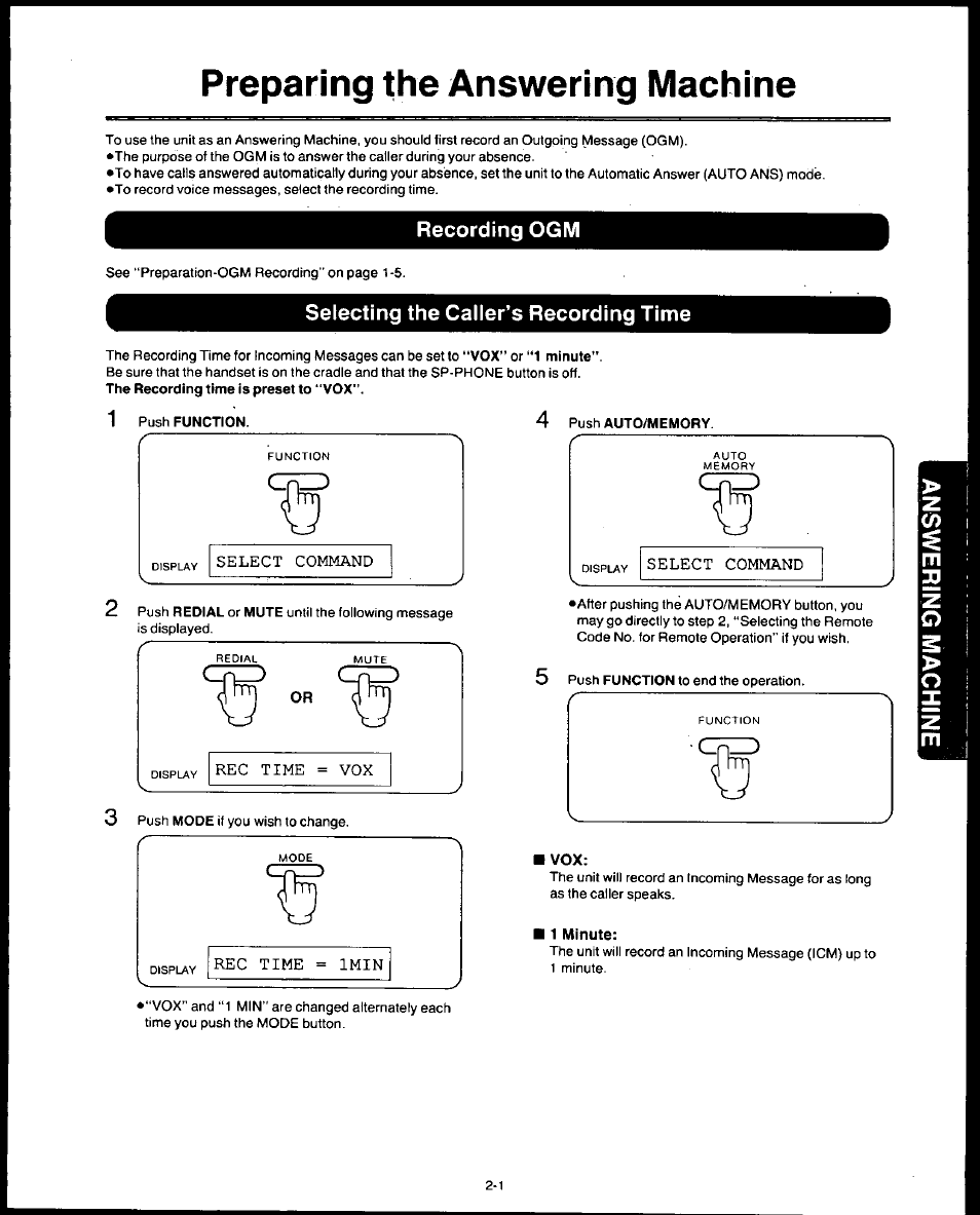 Recording ogm, Selecting the caller's recording time, 1 minute | Selecting the caller’s recording time -1, Preparing the answering machine | Panasonic AUTO-LOGIC KX-F3500 User Manual | Page 29 / 54
