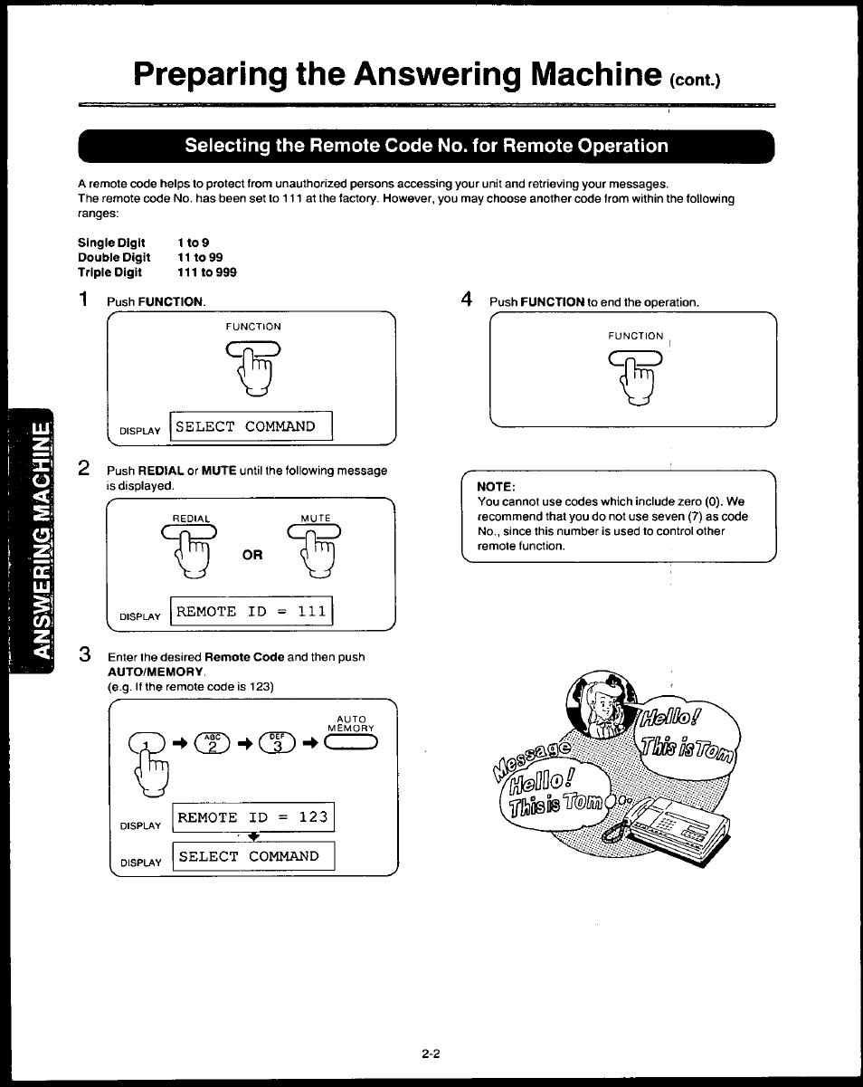 Selecting the remote code no. for remote operation, Single digit 1 to 9, Note | Preparing the answering machine (cent.) | Panasonic AUTO-LOGIC KX-F3500 User Manual | Page 30 / 54