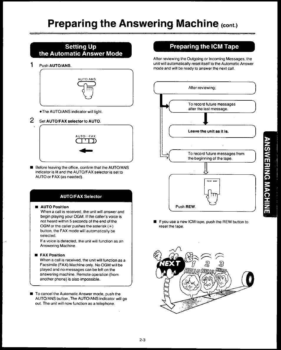 Setting up, The automatic answer mode, Preparing the icm tape | Auto/fax selector, Auto position, Fax position, Setting up the automatic answer mode -3, Preparing the icm tape -3, Preparing the answering machine (com) | Panasonic AUTO-LOGIC KX-F3500 User Manual | Page 31 / 54