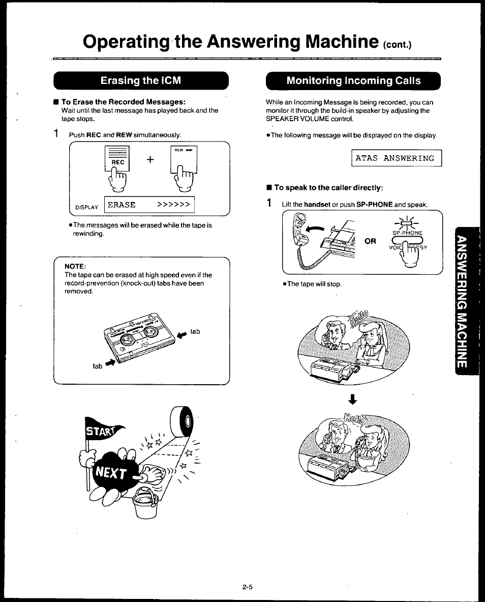 Monitoring incoming calls, To erase the recorded messages, To speak to the caller directly | Monitoring incoming calls -5, Operating the answering machine (com.) | Panasonic AUTO-LOGIC KX-F3500 User Manual | Page 33 / 54