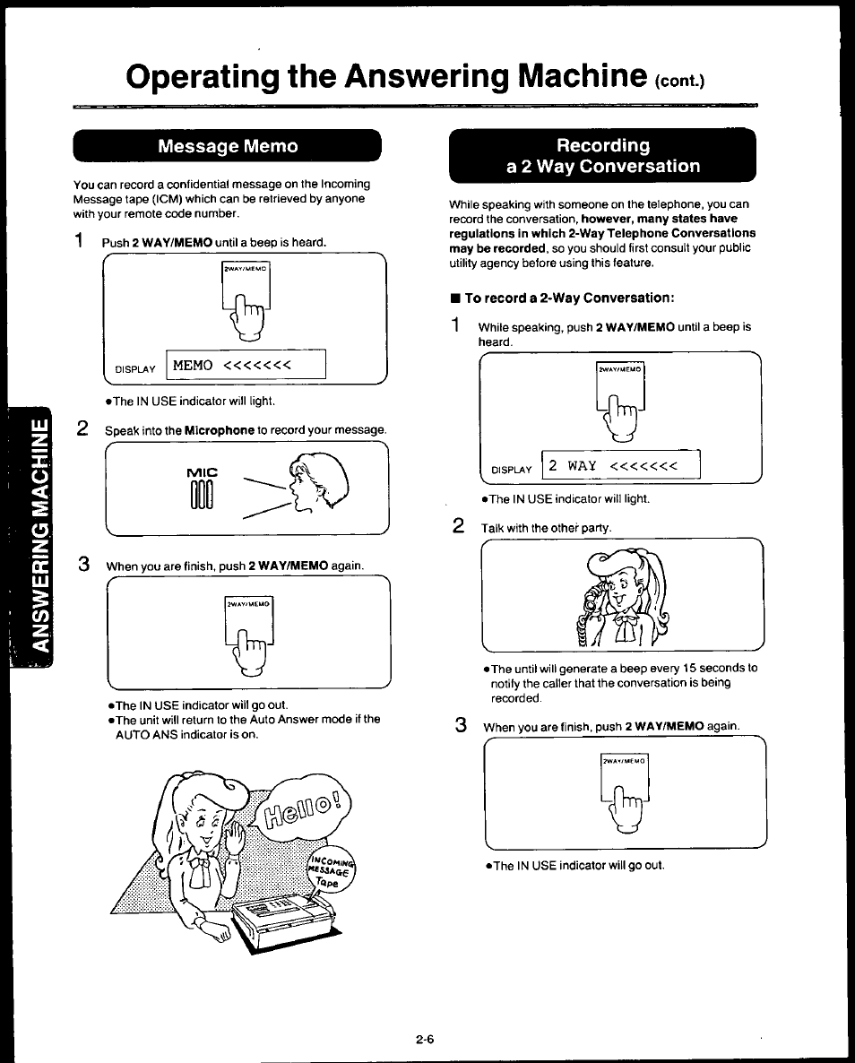 Message memo, Recording, A 2 way conversation | To record a 2-way conversation, Message memo -6 recording a 2 way conversation -6, Operating the answering machine (com.) | Panasonic AUTO-LOGIC KX-F3500 User Manual | Page 34 / 54