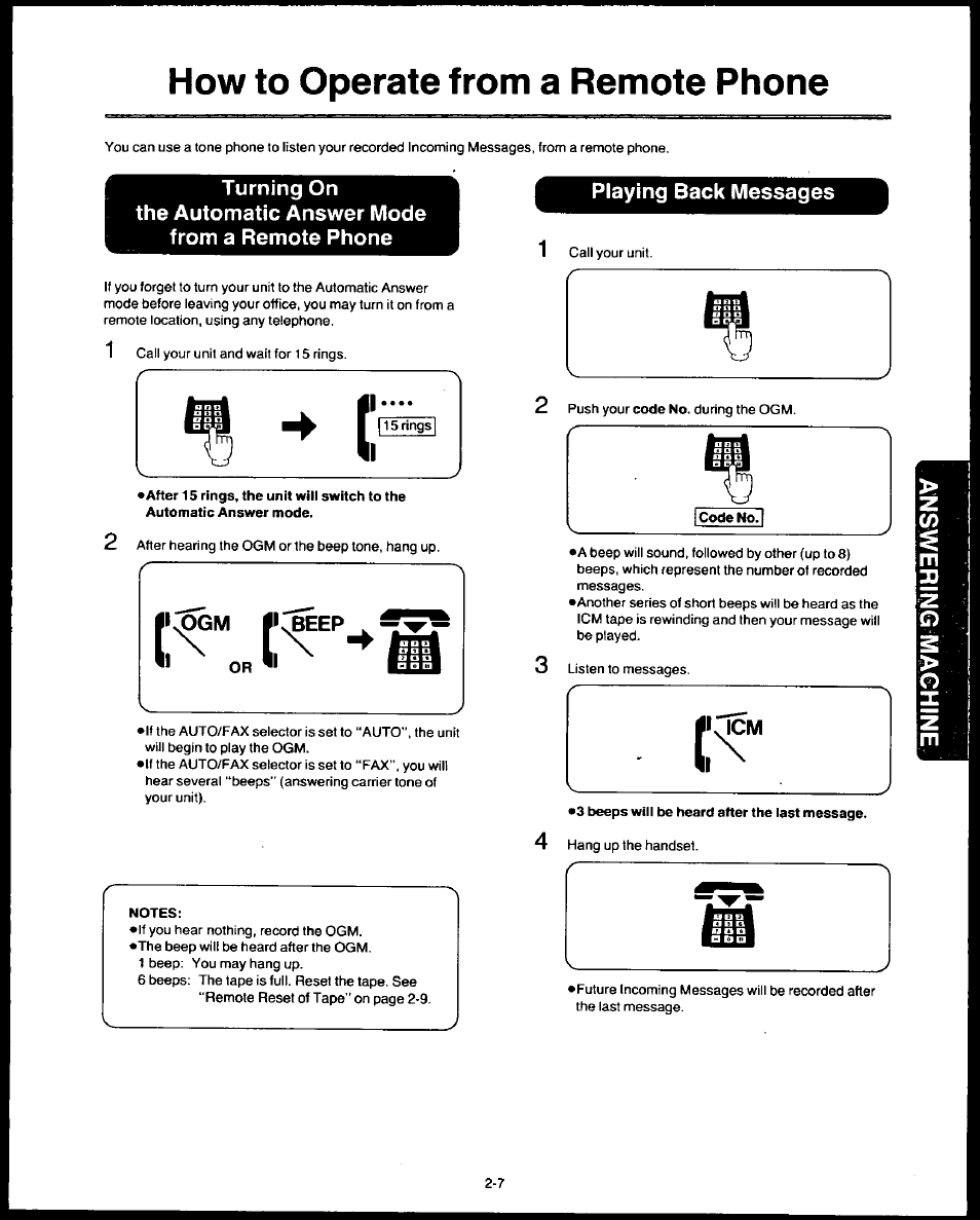 Turning on, The automatic answer mode from a remote phone, Notes | Playing back messages, Code no, Playing back messages -7, How to operate from a remote phone | Panasonic AUTO-LOGIC KX-F3500 User Manual | Page 35 / 54