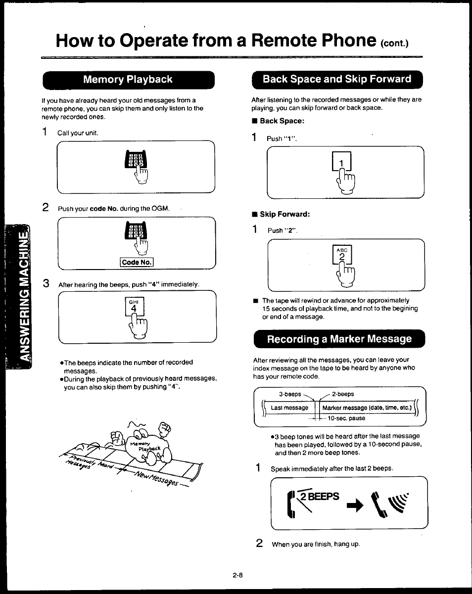 Back space and skip forward, Back space, Skip forward | Recording a marker message, How to operate from a remote phone, Cont.) | Panasonic AUTO-LOGIC KX-F3500 User Manual | Page 36 / 54