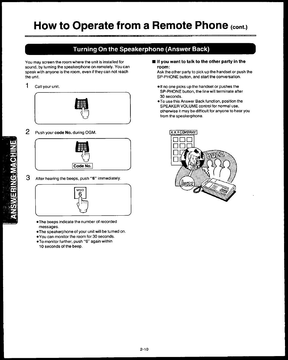 Turning on the speakerphone (answer back), If you want to talk to the other party in the room, Turning on the speakerphone (answer back) -10 | How to operate from a remote phone, Cont.) | Panasonic AUTO-LOGIC KX-F3500 User Manual | Page 38 / 54