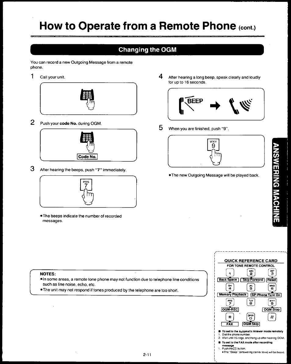 Changing the ogm, Code no, Notes | Quick reference card, Changing the ogm -11, How to operate from a remote phone (cont | Panasonic AUTO-LOGIC KX-F3500 User Manual | Page 39 / 54