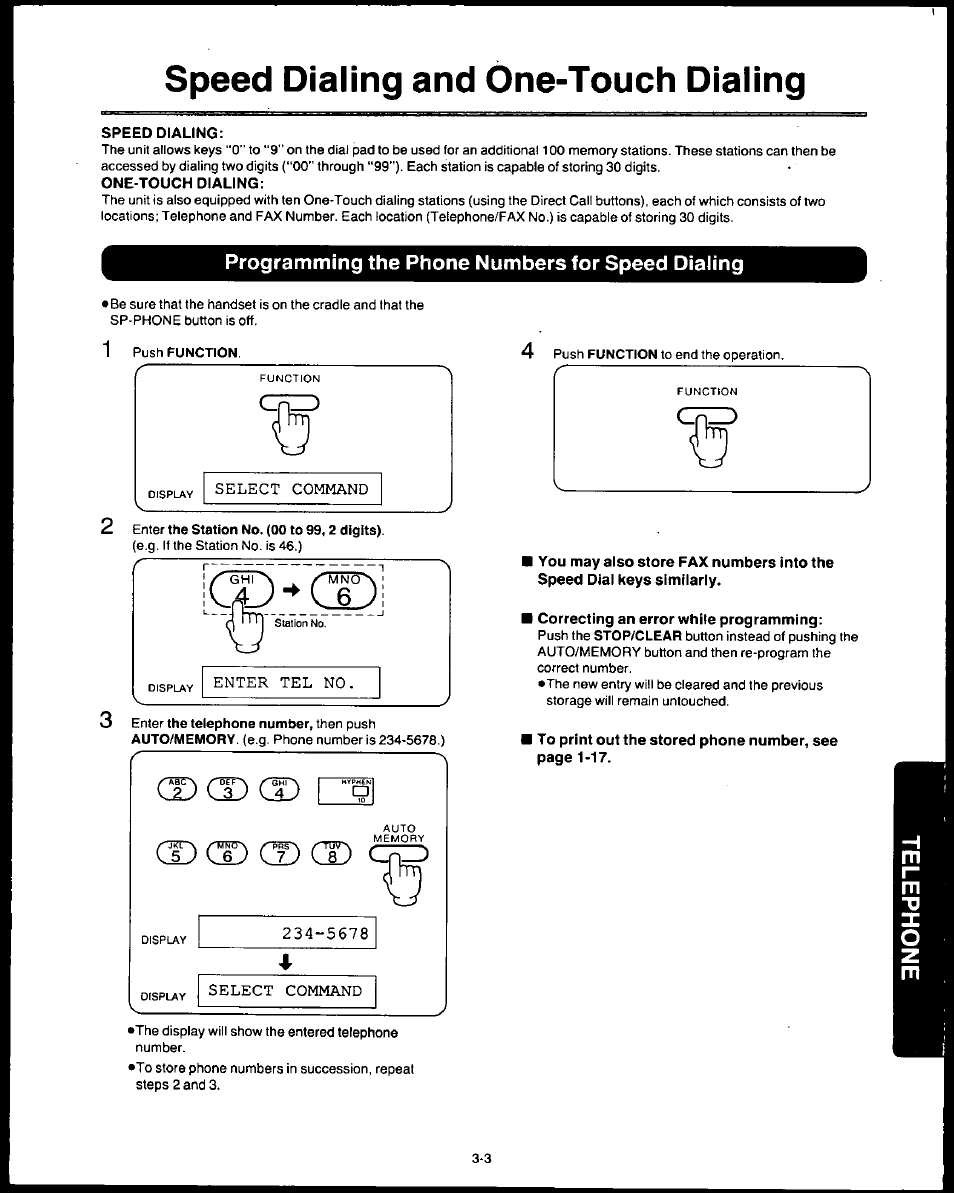 Speed dialing, One-touch dialing, Programming the phone numbers for speed dialing | Correcting an error white programming, Programming the phone numbers for speed dialing -3, Speed dialing and one-touch dialing | Panasonic AUTO-LOGIC KX-F3500 User Manual | Page 43 / 54