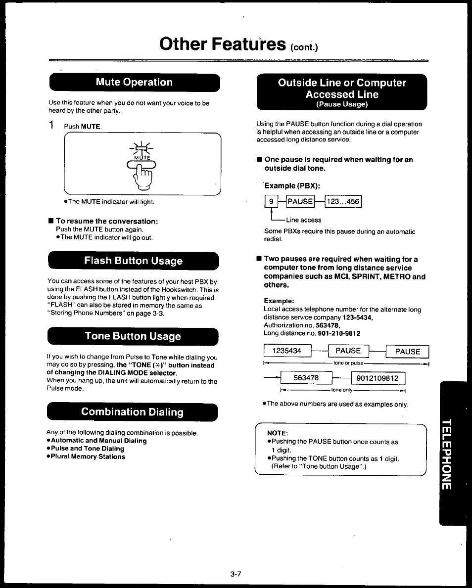 Other features, Mute operation, Outside line or computer accessed line | Fiash button usage, Tone button usage, Combination dialing, Example, Mute operation -7 flash button usage -7, Tone button usage -7 | Panasonic AUTO-LOGIC KX-F3500 User Manual | Page 47 / 54