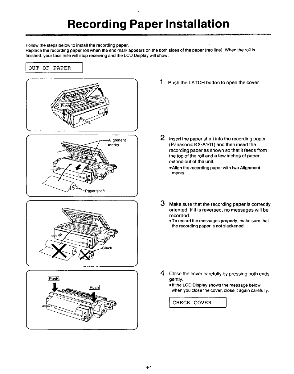 Recording paper installation, Recording paper installation -1 | Panasonic AUTO-LOGIC KX-F3500 User Manual | Page 49 / 54