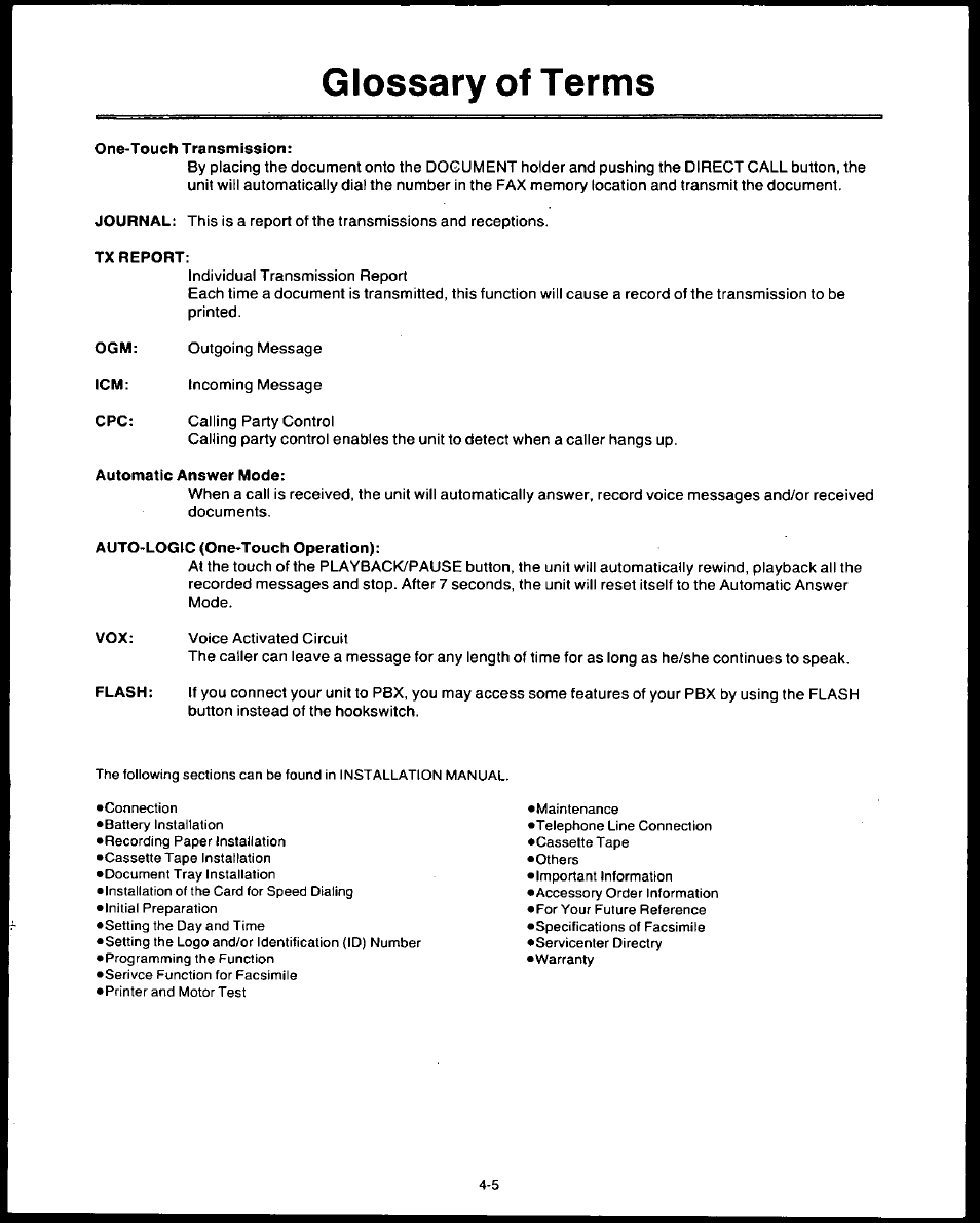 One-touch transmission, Tx report, Automatic answer mode | Auto-logic (one-touch operation), Glossary of terms | Panasonic AUTO-LOGIC KX-F3500 User Manual | Page 53 / 54