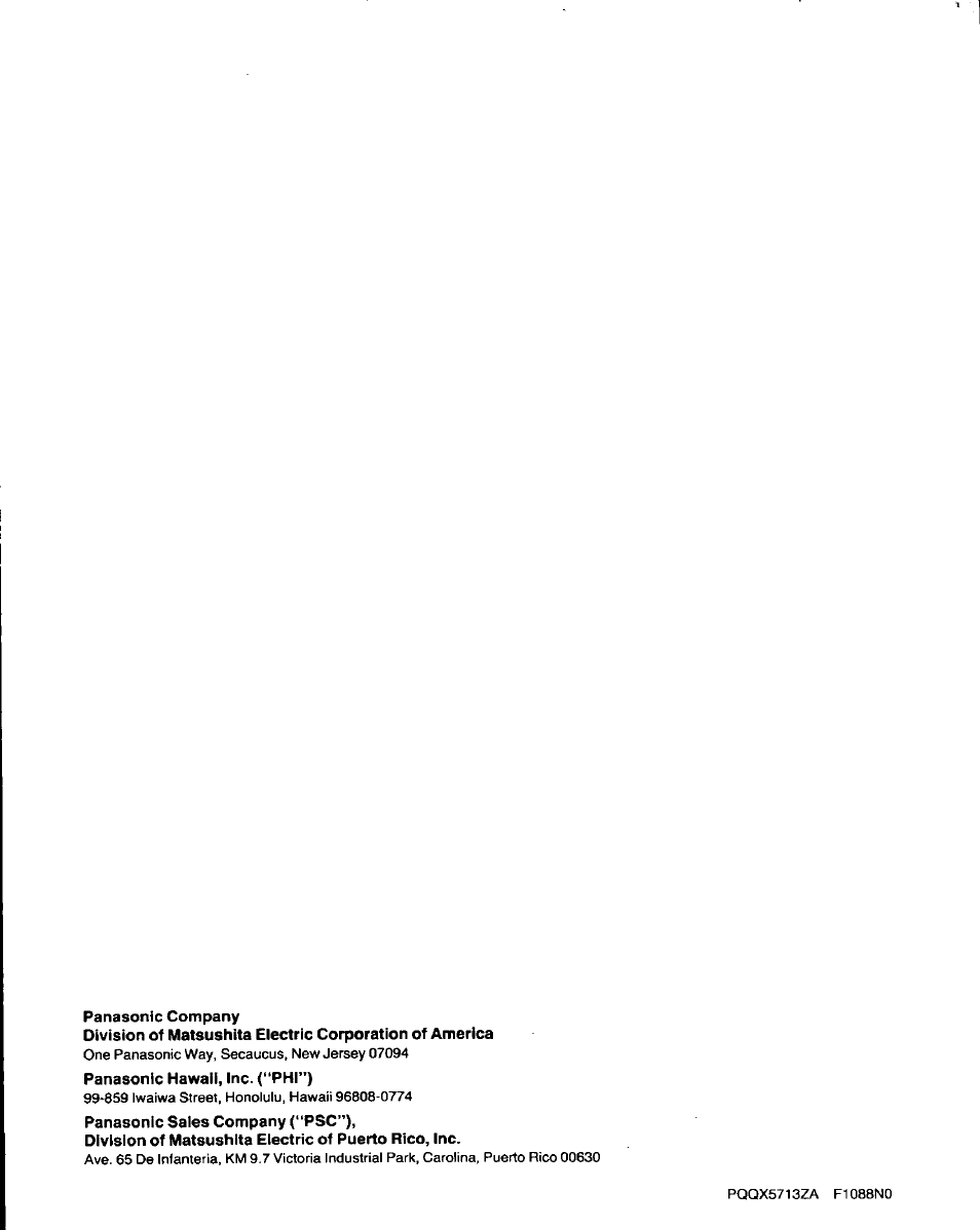 Panasonic company, Panasonic hawaii, inc. <“phi”), Panasonic sales company (“psc”) | Panasonic AUTO-LOGIC KX-F3500 User Manual | Page 54 / 54