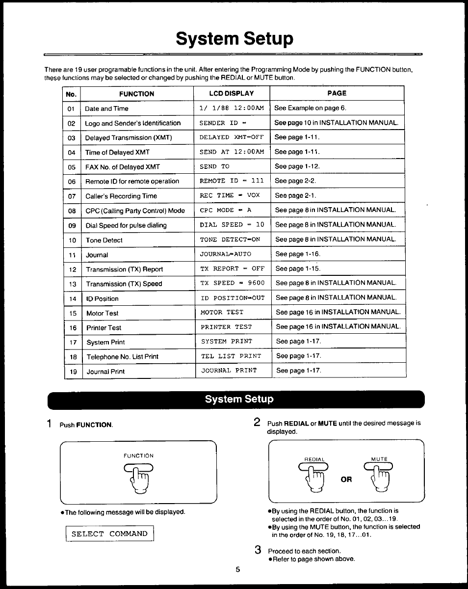 System setup, Select command | Panasonic AUTO-LOGIC KX-F3500 User Manual | Page 6 / 54