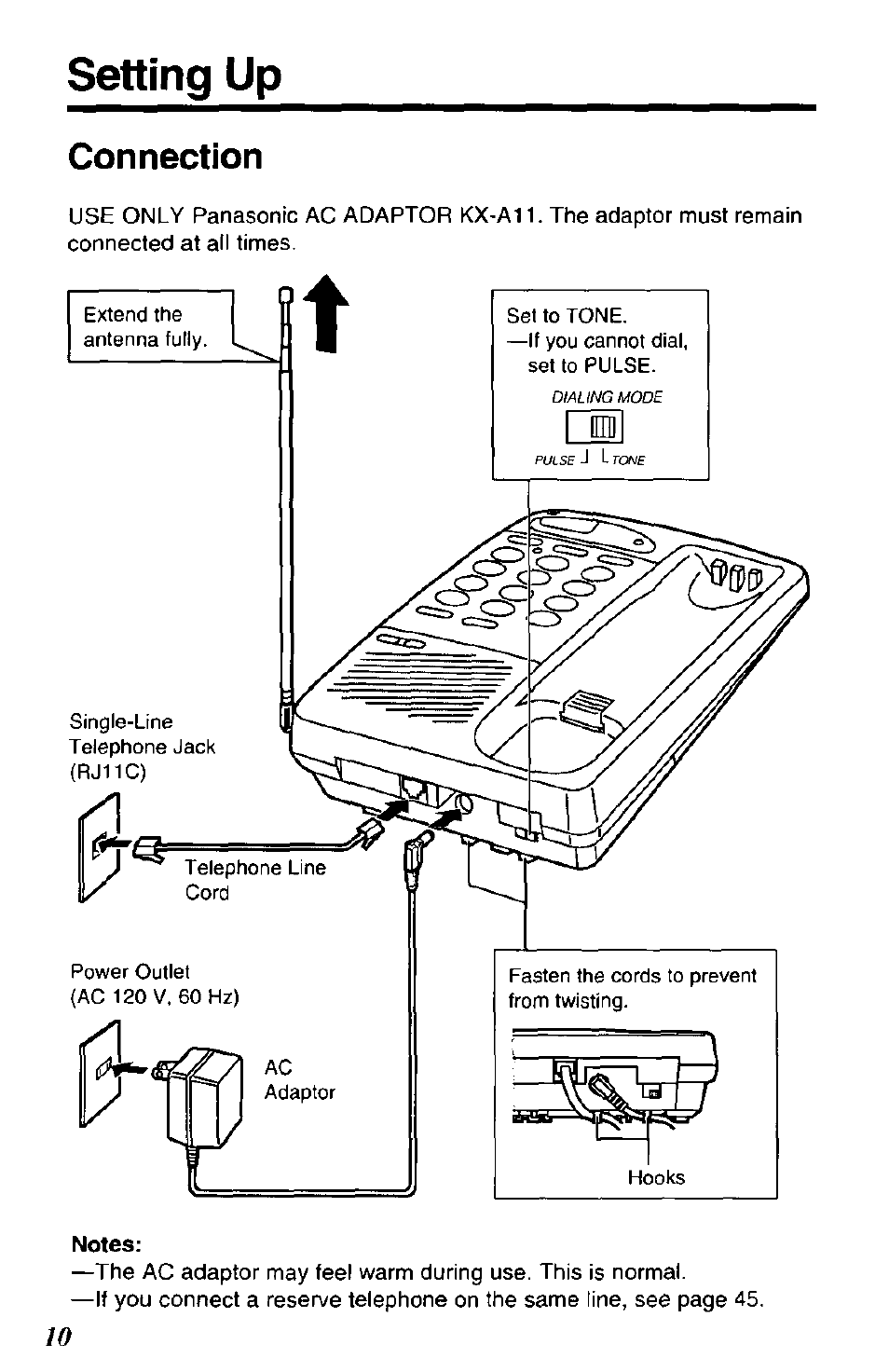 Setting up, Connection | Panasonic SOUND CHANGER KX-T4168-B User Manual | Page 10 / 52