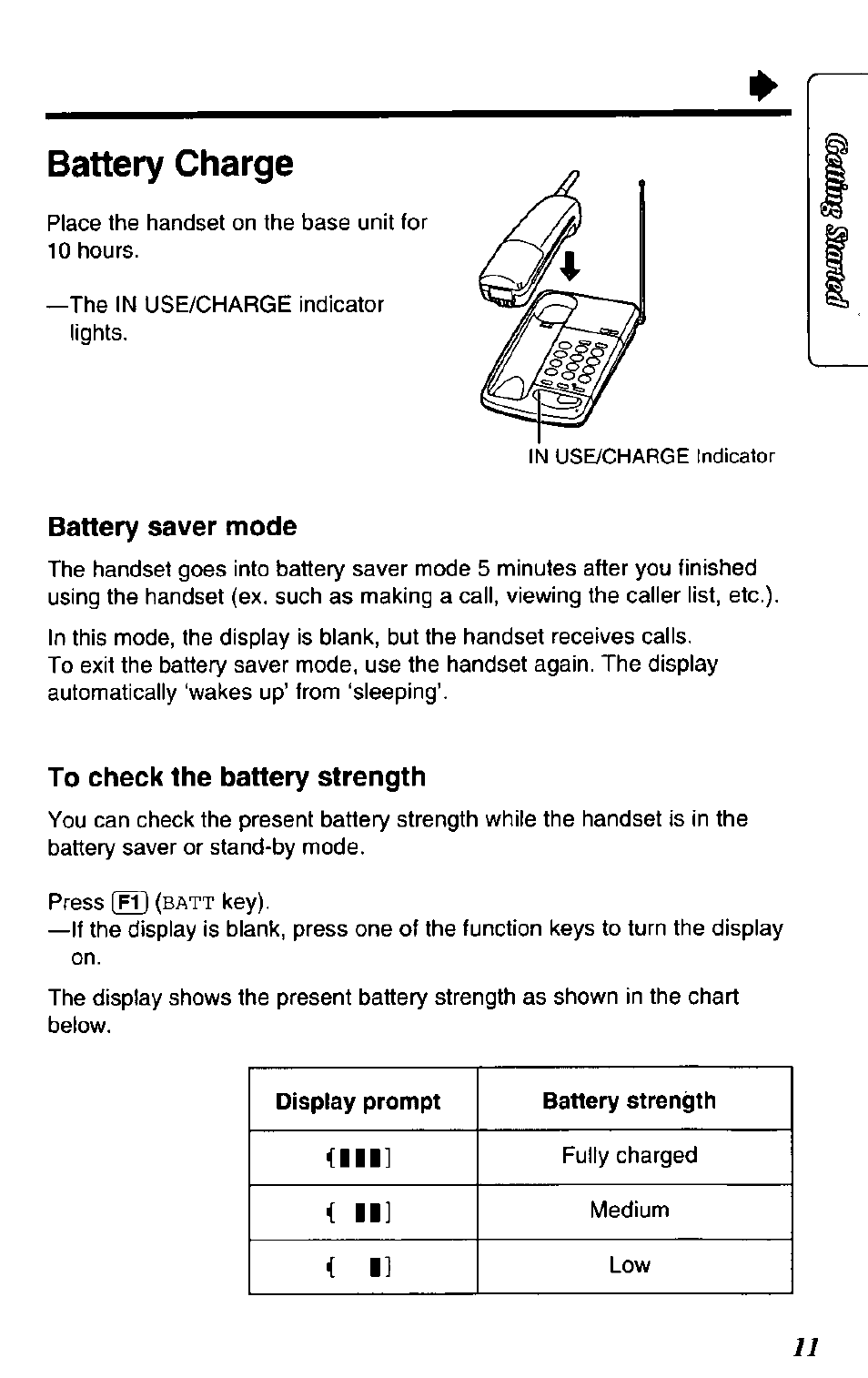 Battery charge, Battery saver mode, To check the battery strength | Panasonic SOUND CHANGER KX-T4168-B User Manual | Page 11 / 52