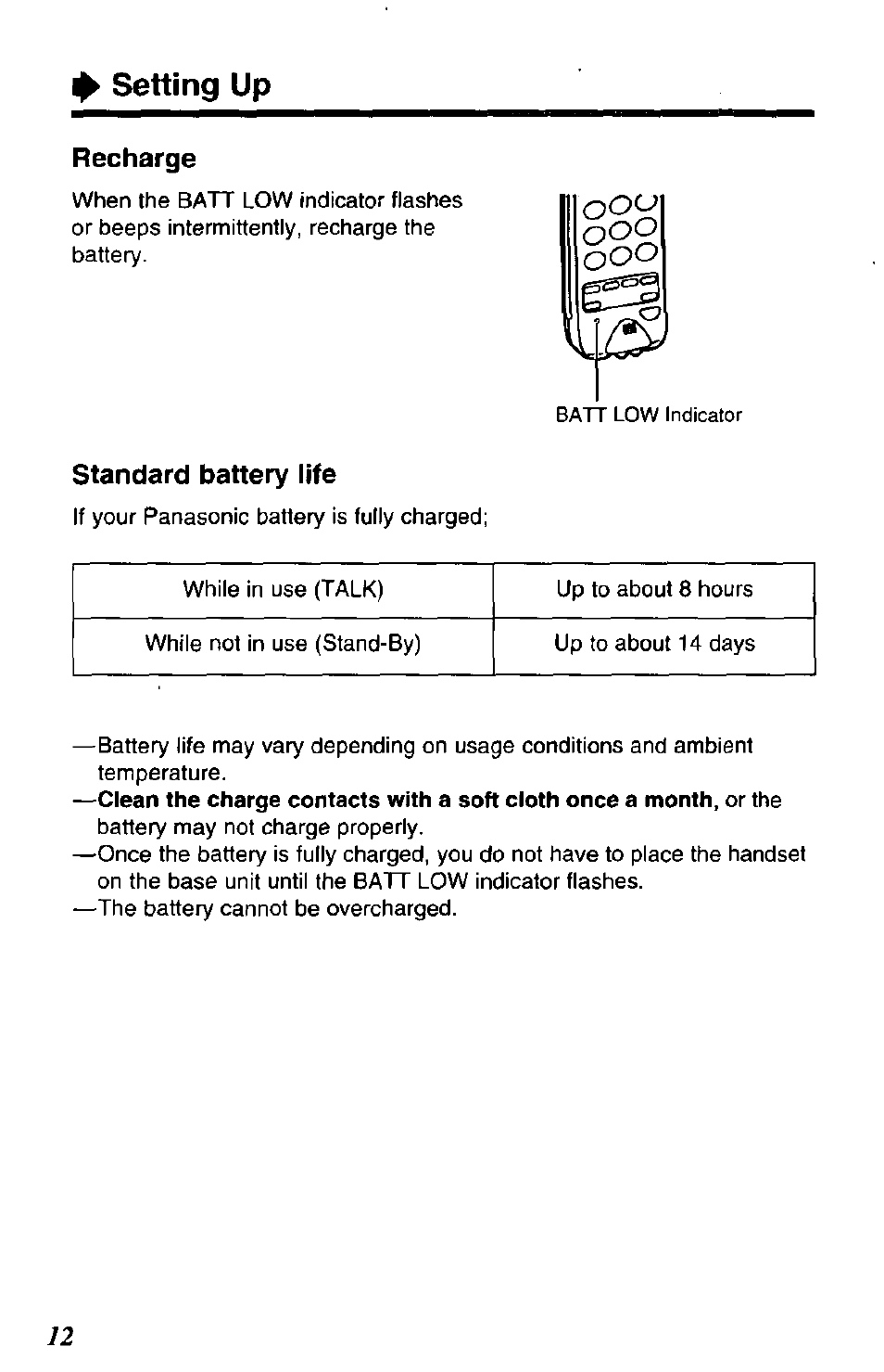 Recharge, Standard battery life, Setting up | Panasonic SOUND CHANGER KX-T4168-B User Manual | Page 12 / 52