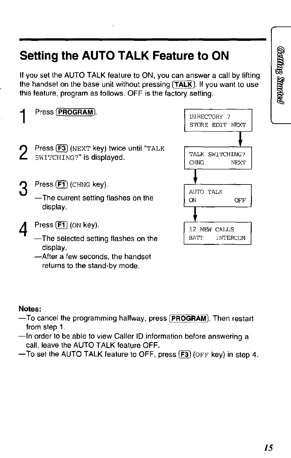 Setting the auto talk feature to on | Panasonic SOUND CHANGER KX-T4168-B User Manual | Page 15 / 52