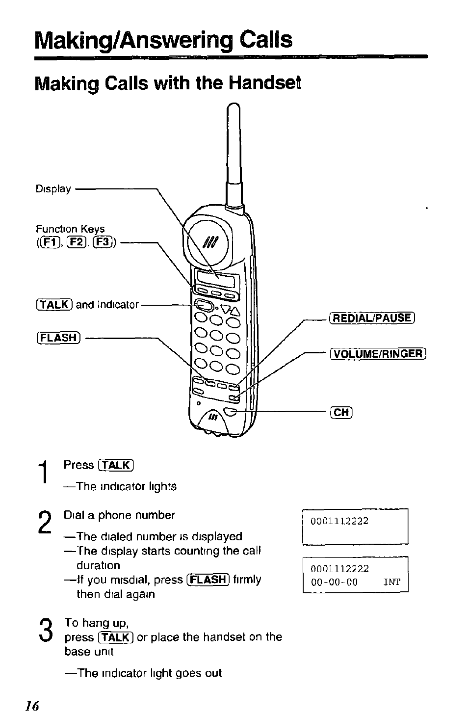 Making/answering calis, Making calls with the handset | Panasonic SOUND CHANGER KX-T4168-B User Manual | Page 16 / 52