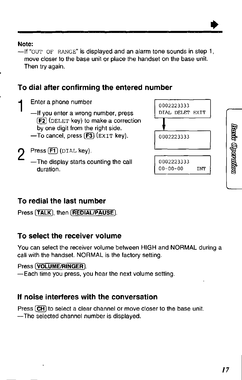 To dial after confirming the entered number, To redial the last number, To select the receiver volume | If noise interferes with the conversation | Panasonic SOUND CHANGER KX-T4168-B User Manual | Page 17 / 52