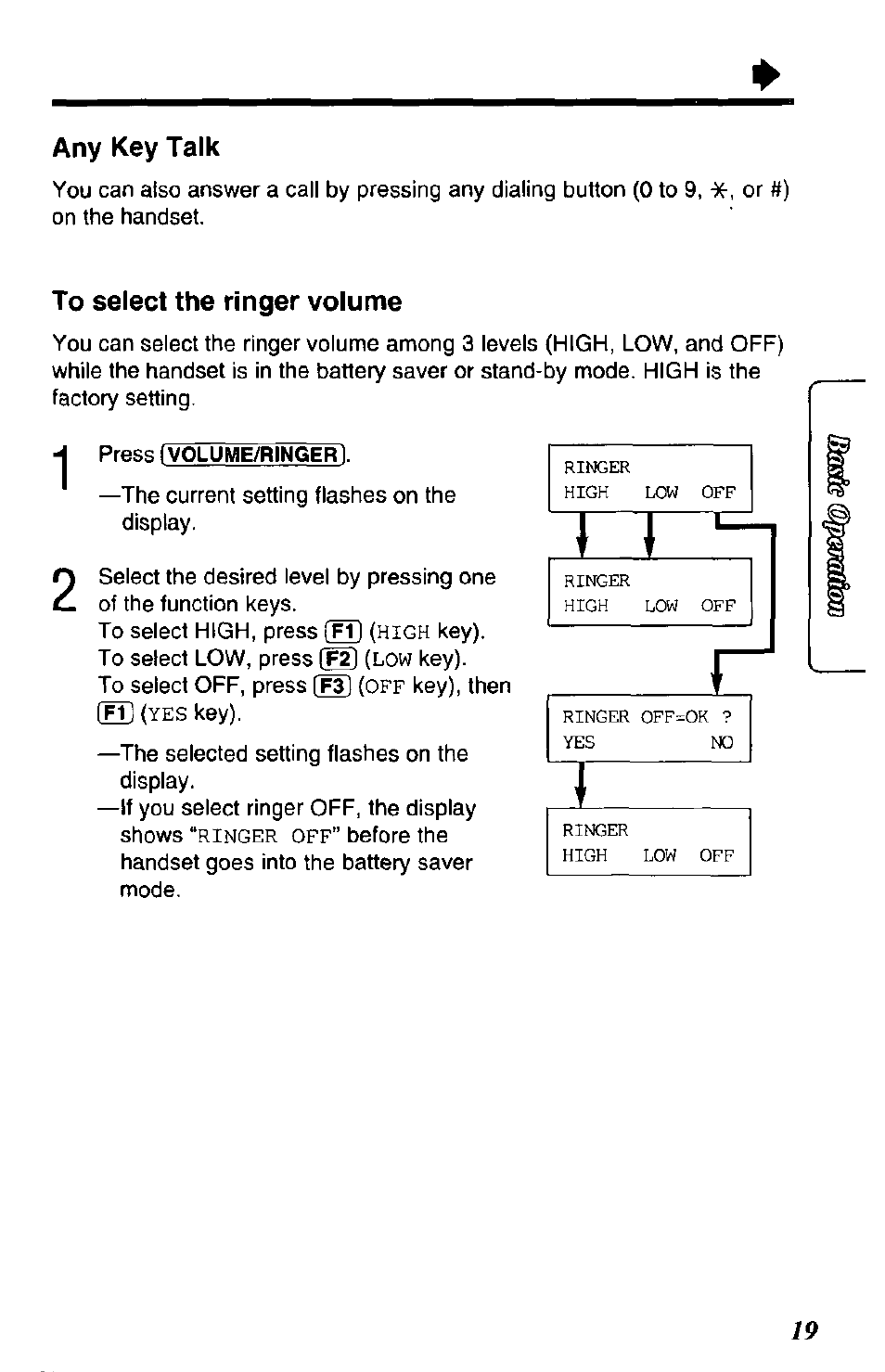 Any key talk, To select the ringer volume | Panasonic SOUND CHANGER KX-T4168-B User Manual | Page 19 / 52